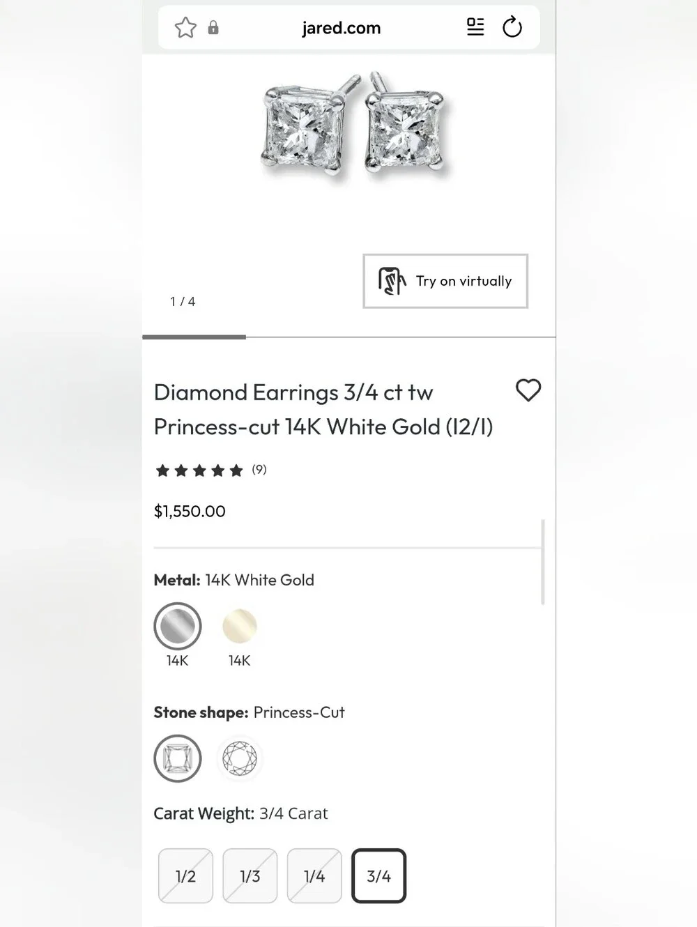 Natural Diamond Earrings 3/4 Ct tw Princess-cut 14k White Gold